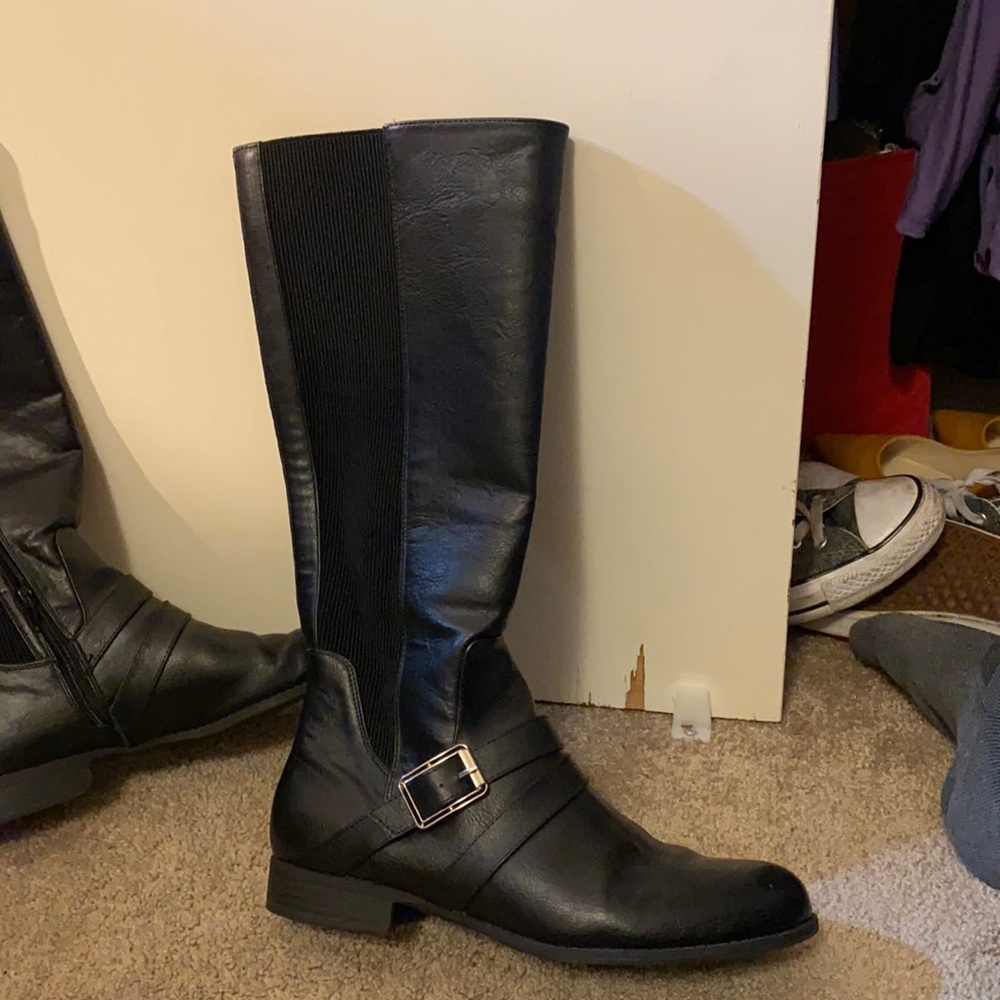 Stretch black pleather knee high Riding Boot